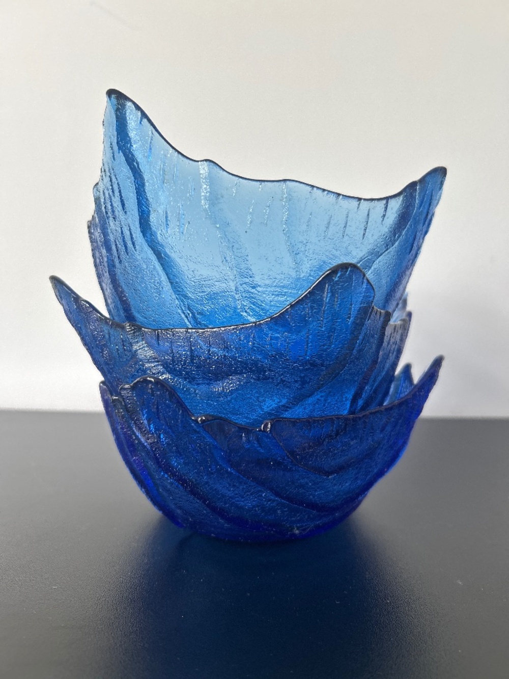 Vintage Viking Cobalt Blue Glass Sculptural Bowls Spiked Leaf Design Set of 3